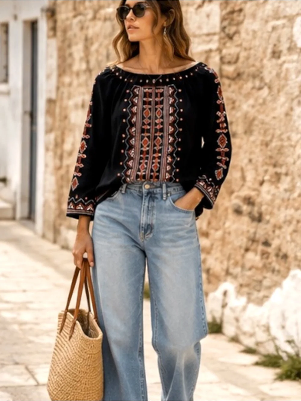 Tory Burch Jessie 100% Silk Embroidered Blouse 3/4 Sleeve Top Size 10 Medium